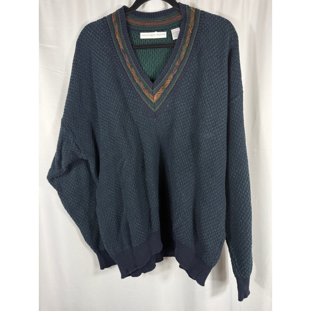 Vintage GEOFFREY‎ BEENE Mens L V Neck Textured Knit Sweater Green Blue